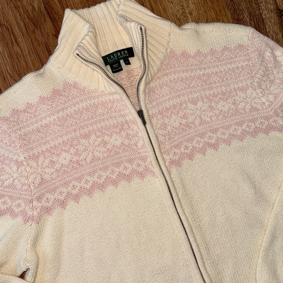 Lauren Ralph Lauren Cream/Pink Cotton Fairisle Cardigan Sweater-XL - Picture 1 of 7